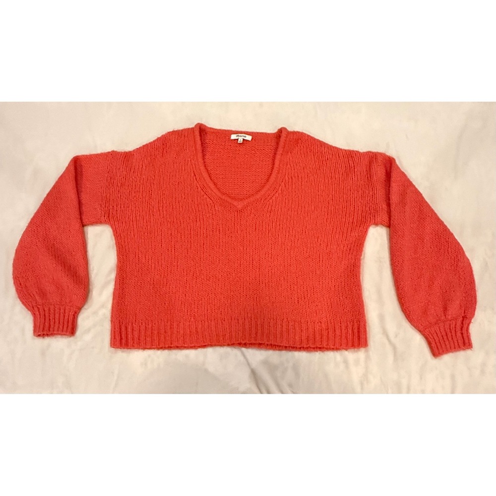 Madewell V-Neck Alpaca Wool Blend Balloon Sleeve Sweater Coral Orange K3395 M